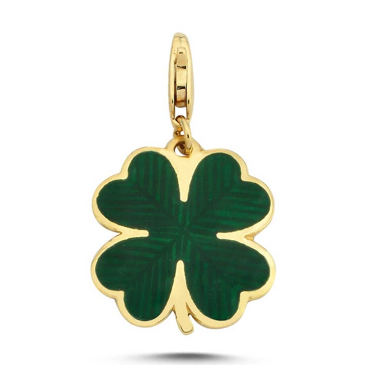 GREEN ENAMEL CLOVER GOLD CHARM for wholesale by Sestra Jewelry