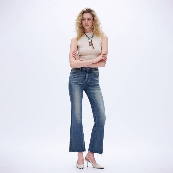 Jean évasé à taille mi-haute avec ourlet brut Retro DEFM1001 pour la vente par DOSSEVISU