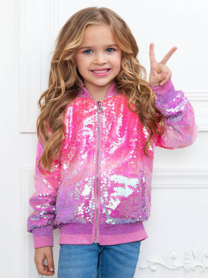 Starlight Sparkle Iridescent Sequin Bomber Jacket for wholesale by Mia Belle Girls • Wholesale