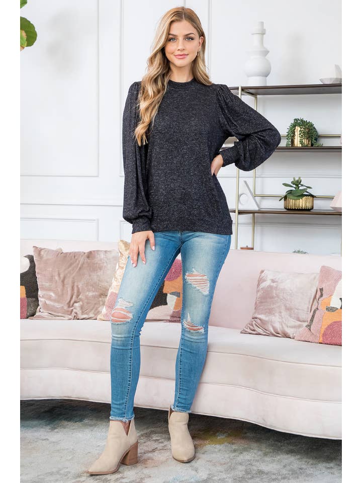 You & Me - Vente Haut en maille – femme - VENTE ! ! ! PPT21143 - HAUT À MANCHES BOUFFANTES À COL ROND - ANTHRACITE2