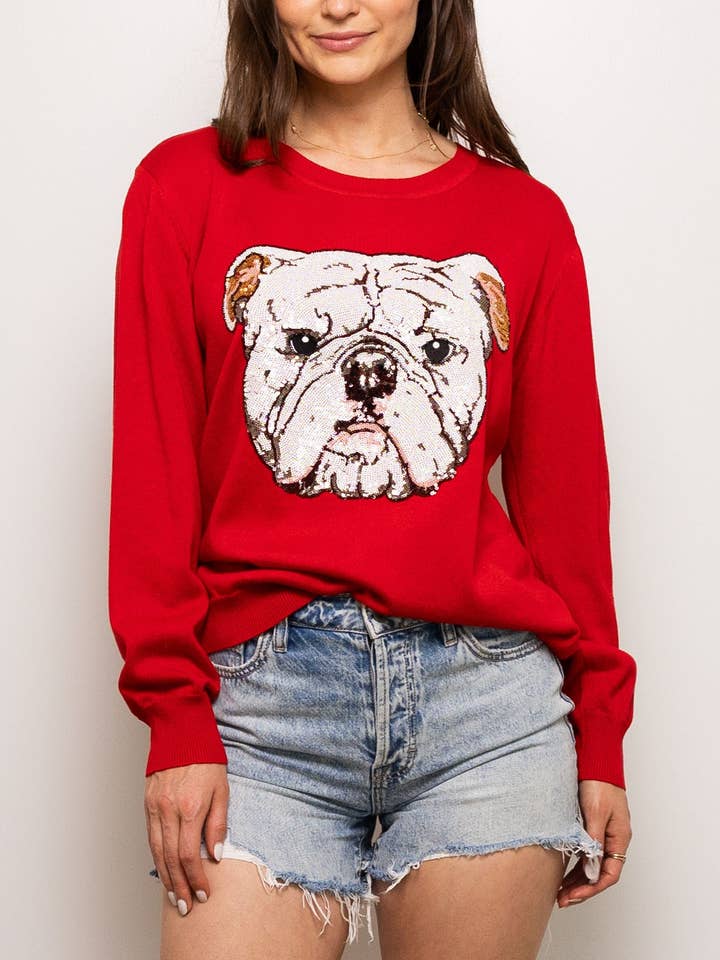 Maglione con paillettes Mega Bulldog rosso per la vendita all'ingrosso da parte di Sparkle City