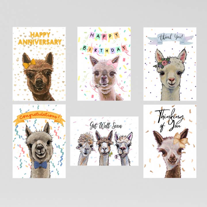 Hilsen Alpaca Card Bundle, Kort med ord (36 kort) for engroshandel hos Hippie Hound Studios