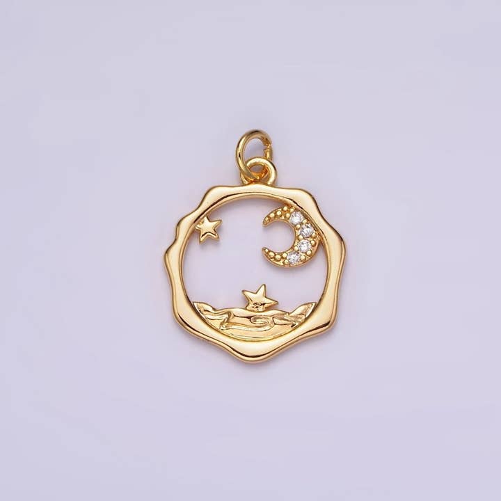 18K Gold Filled Micro Paved CZ Celestial Stars Crescent Moon Sea Open Wavy Round Charm | N1652 for wholesale by Aim Eternal