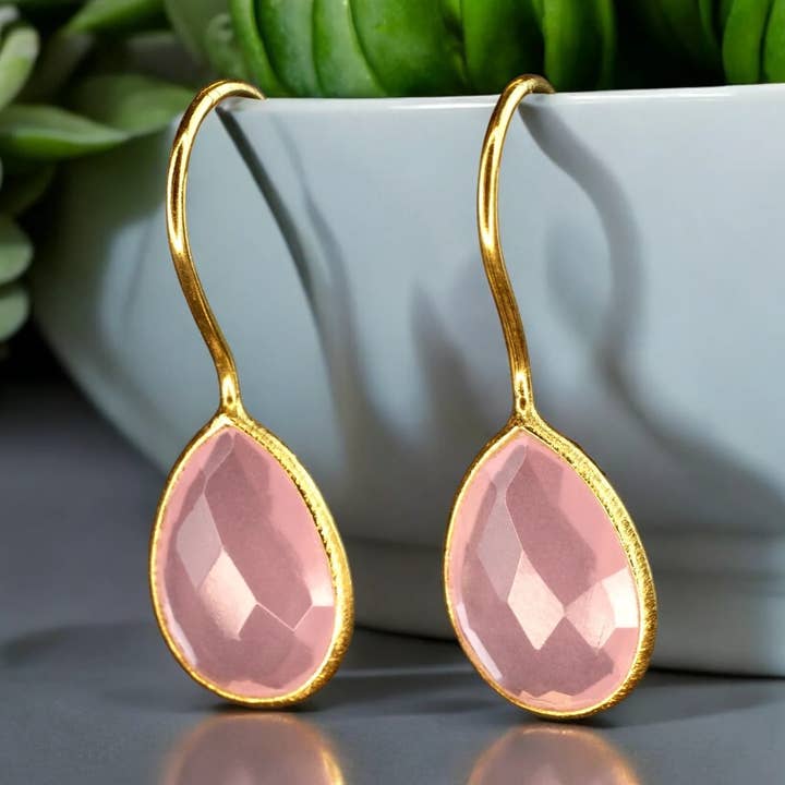 925 Sterling Gold Plated Rose Quartz Gemstone Earrings - OHR925-52 for wholesale by MadamLili
