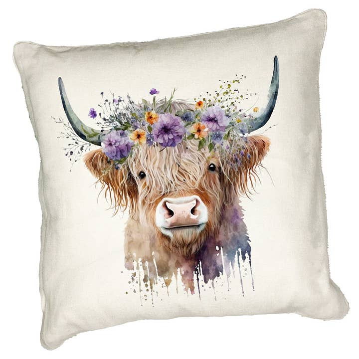 Highland Cow Cushion Watercolour Floral Crown Design for wholesale by Noble & Page