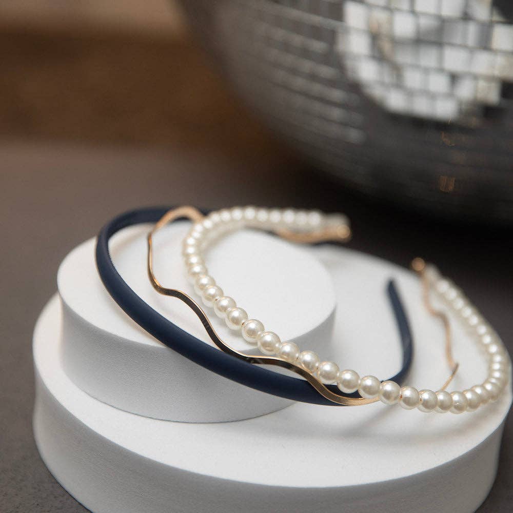 Headbands of Hope | One Purchased One Donated - Wholesale Fashion Headband - Women's - Headband Set of 3 - Blue + Pearl + Gold1