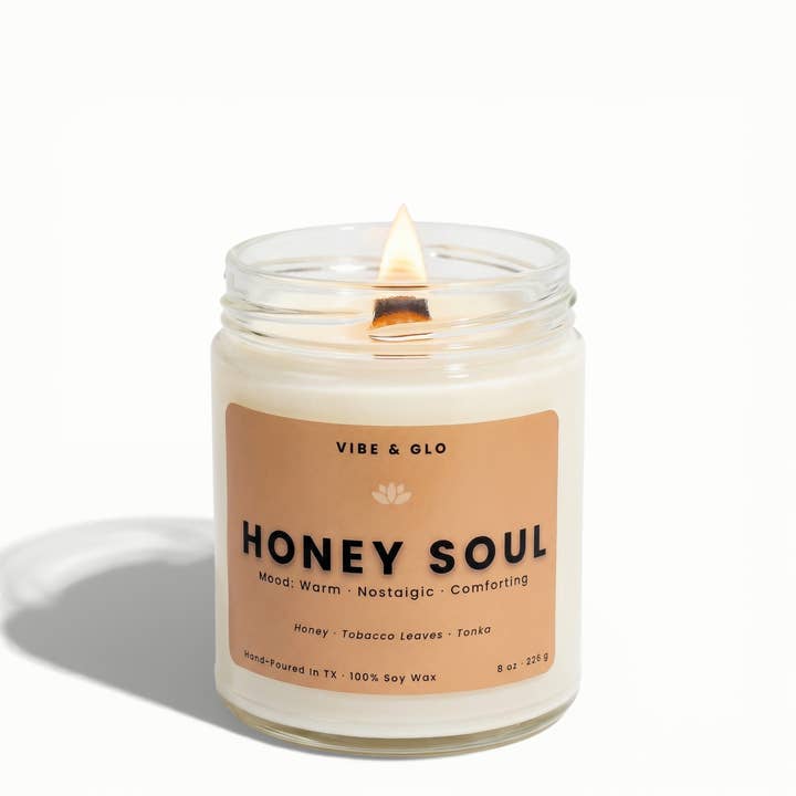 Honey Soul - Honey, Amber & Tobacco Wood Wick Soy Candle for wholesale by Vibe & Glo Candle Studio
