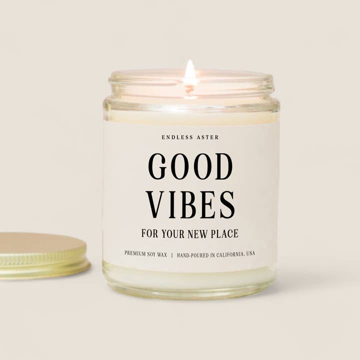 Good Vibes For Your New Place Duftkerze aus Sojawachs im Glas, 8, 16 Unzen für den Großhandel von Endless Aster