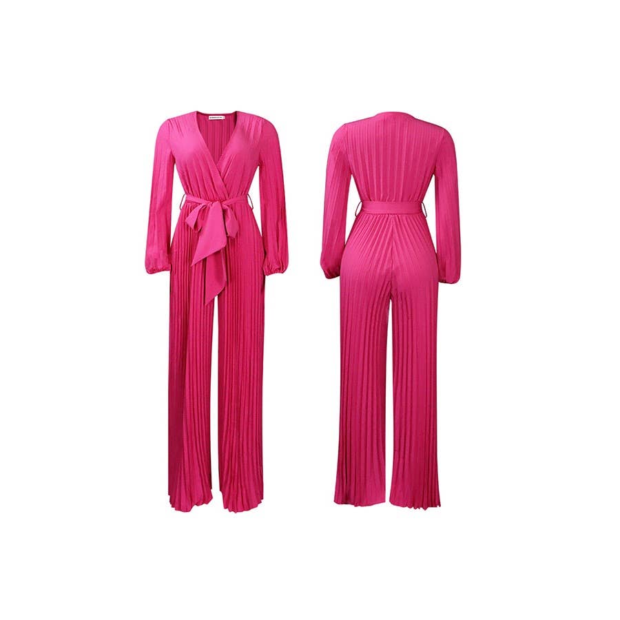 Paperdoll – wholesale Jumpsuit – Women's – V neck Sexy Lace up Pleated Wide Leg Jumpsuit3