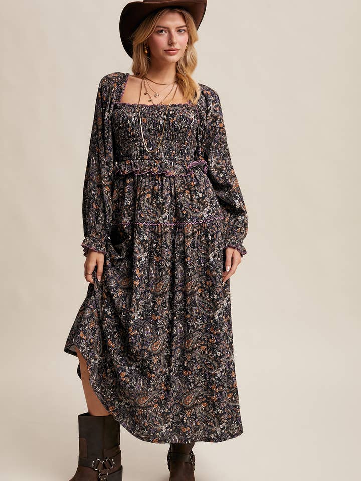 Paisley Smocked Tiered Maxi Dress LD1472 for wholesale by Listicle