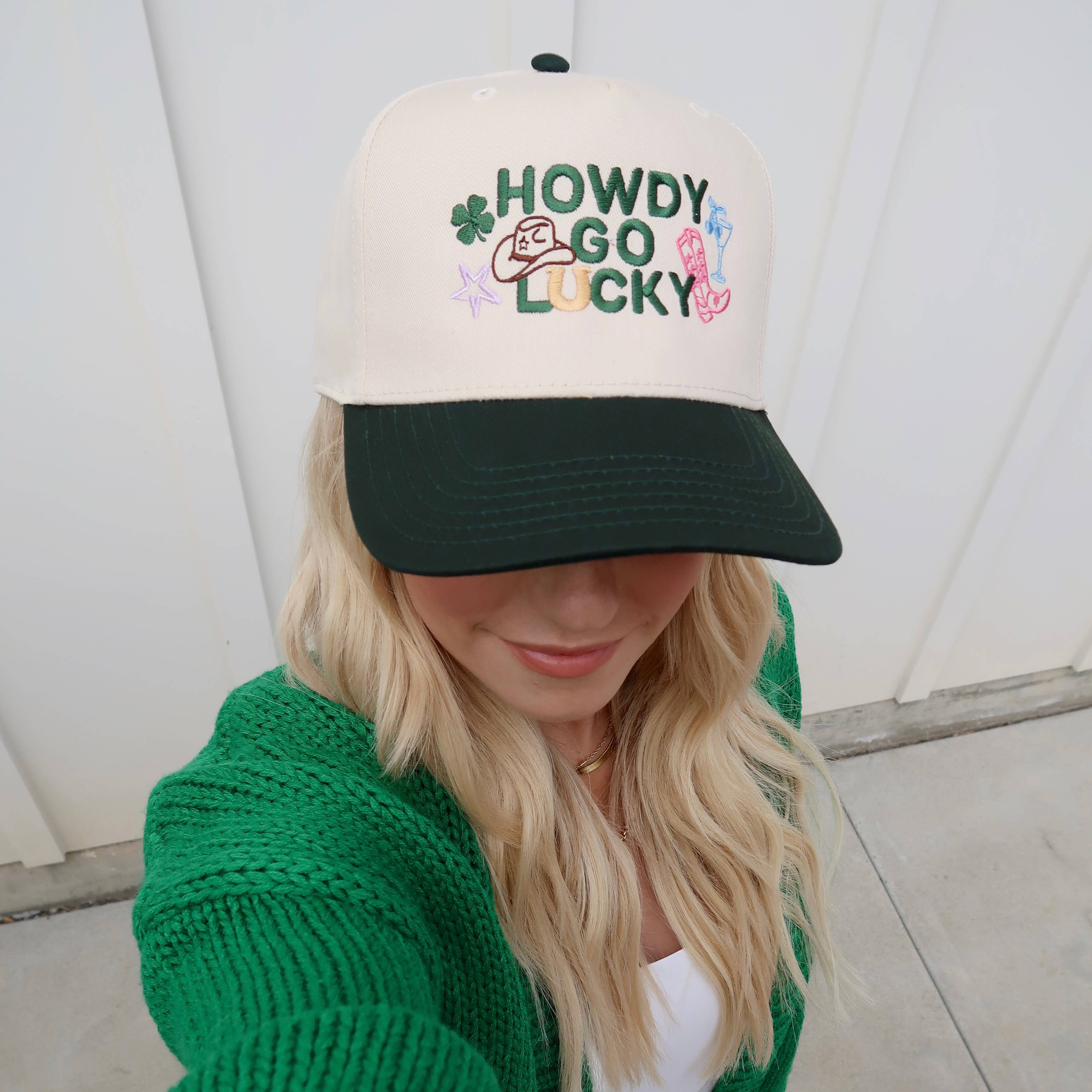 Ruby Moon - Wholesale Trucker Hat - Unisex - Howdy Go Lucky Embroidered Hat - St. Patricks Day Hat1