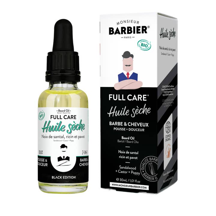 FULL CARE - Olio biologico per barba e capelli - Edizione nera per la vendita all'ingrosso da parte di Monsieur BARBIER