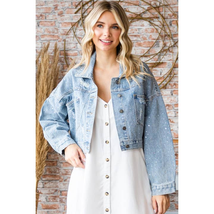 Med Wash Rhinestone Stud Cropped Puff Denim Jacket for wholesale on Faire