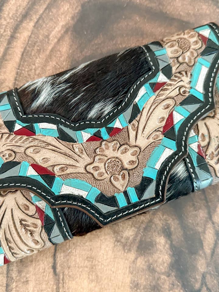 Coral Corral : Inlayed Tooled Leather Turquoise Design Cowhide Wallet for wholesale by East Coast Carry