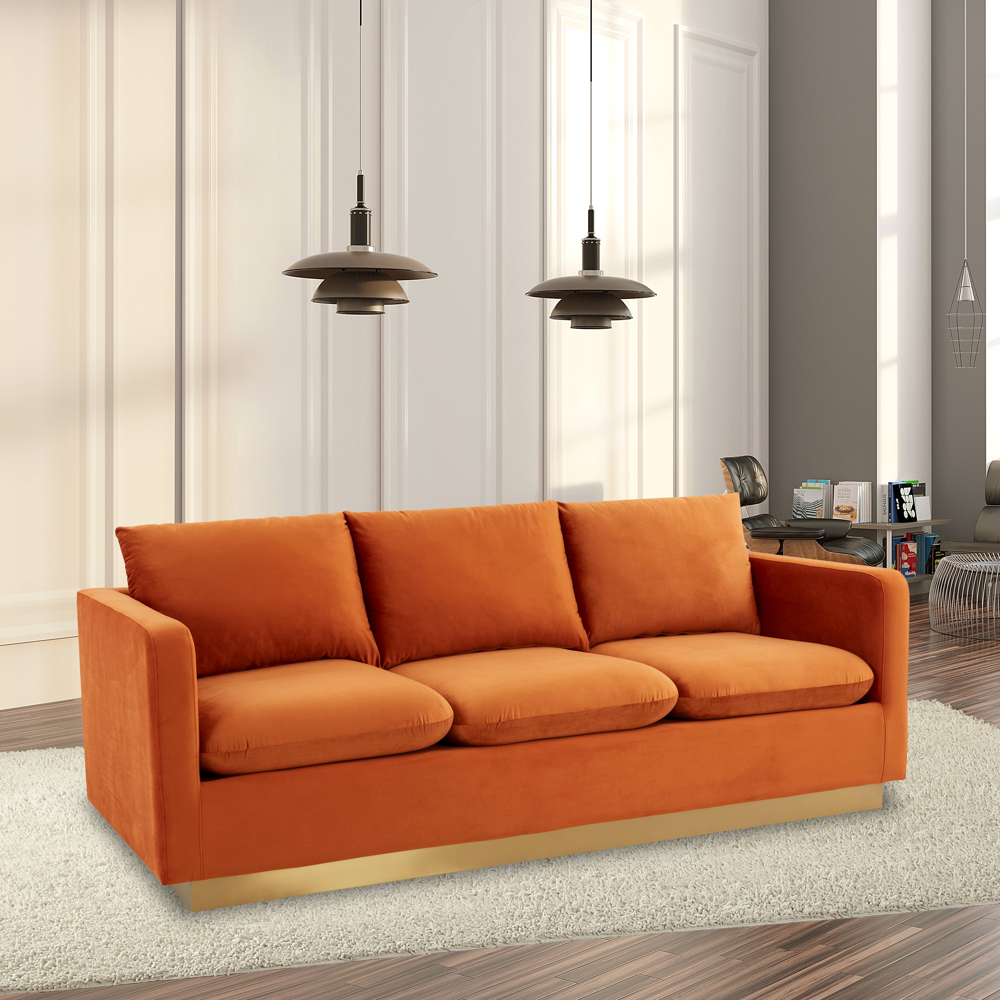 LeisureMod - Wholesale Sofa - Nervo 3-Seater Velvet/Leather Full Sofa with Gold Steel Base16