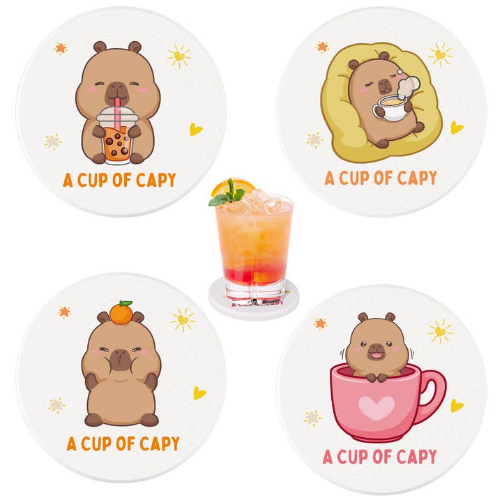 Joli sous-verre absorbant Capybara pour décoration de bureau et de maison pour la vente par CapyFun