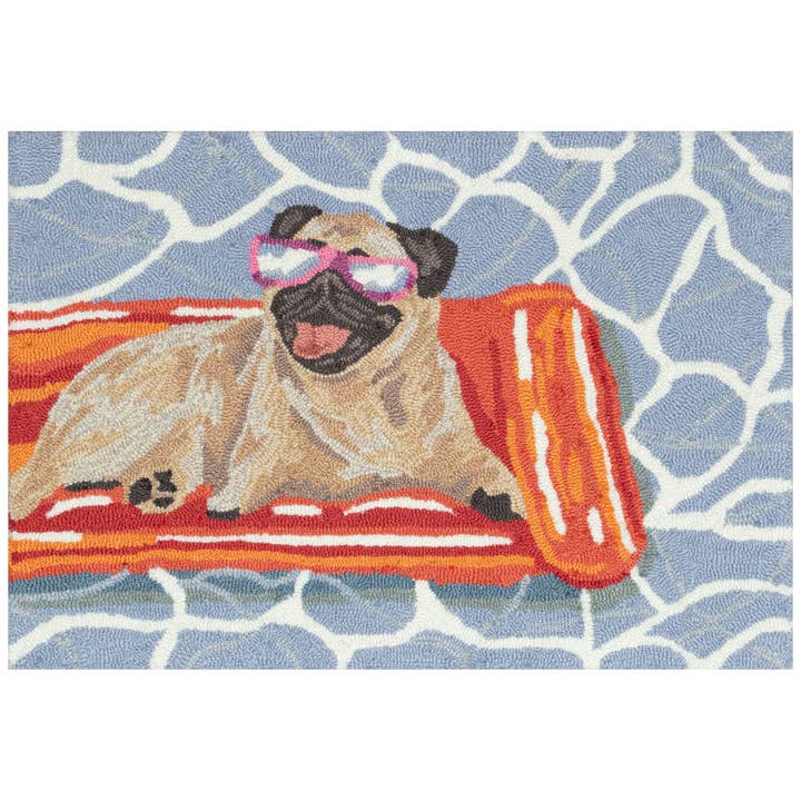 Frontporch Pool Party Pug Indoor/Outdoor Area Rug Blue for wholesale by Liora Manne