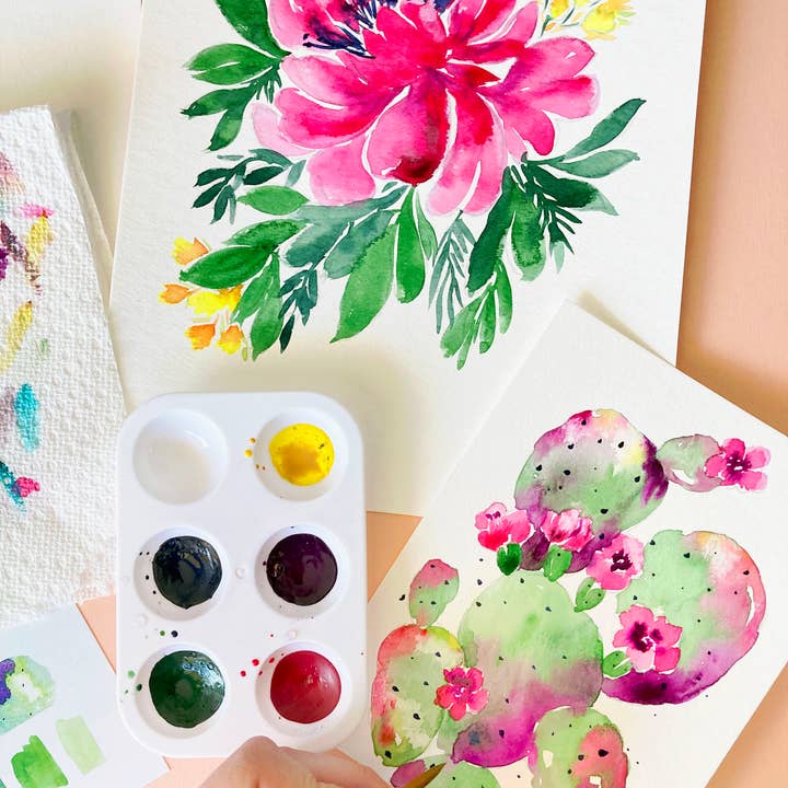 Pink Puddle Studio - Wholesale DIY Craft Kit - Prickly Pear Cactus & Peony Flowers Watercolor DIY Paint Kit1