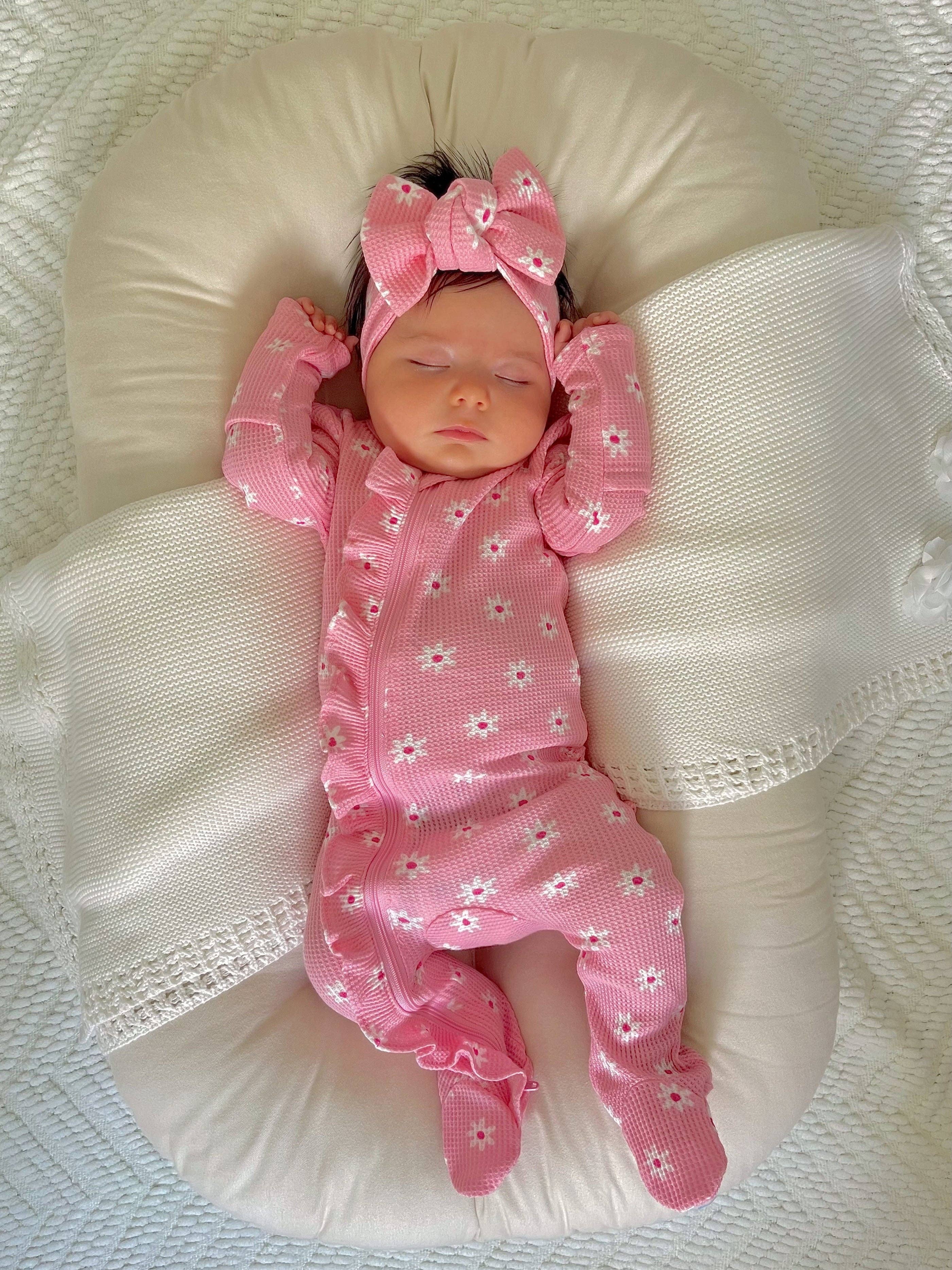 SpearmintLOVE - Wholesale Jumpsuit - Baby - Organic Waffle 2-Way Zip Ruffle Footie, Pink Flower