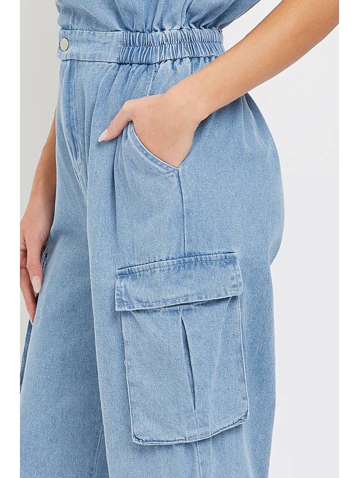 DENIM BLÅ DENIM CARGO JUMPSUIT I ÉT STYKKE for engroshandel på Faire6