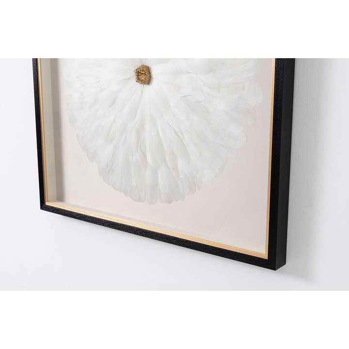 Gdeco - Venta al por mayor Marcos de fotos - Cuadro Vitrina 80*80 Cm, Marco Negro Y Dorado, Plumas Blancas.
