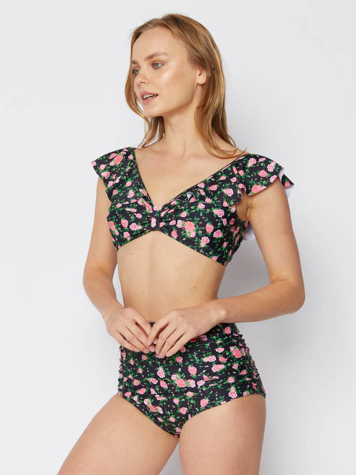 Tie back ribbon shape Bikini 2 pcs_B2106-Roses Blk for wholesale by MARINA WEST SWIM