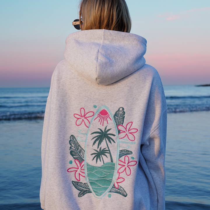 Pearl Grey Surfing The Waves Embroider Hoodie for wholesale on Faire