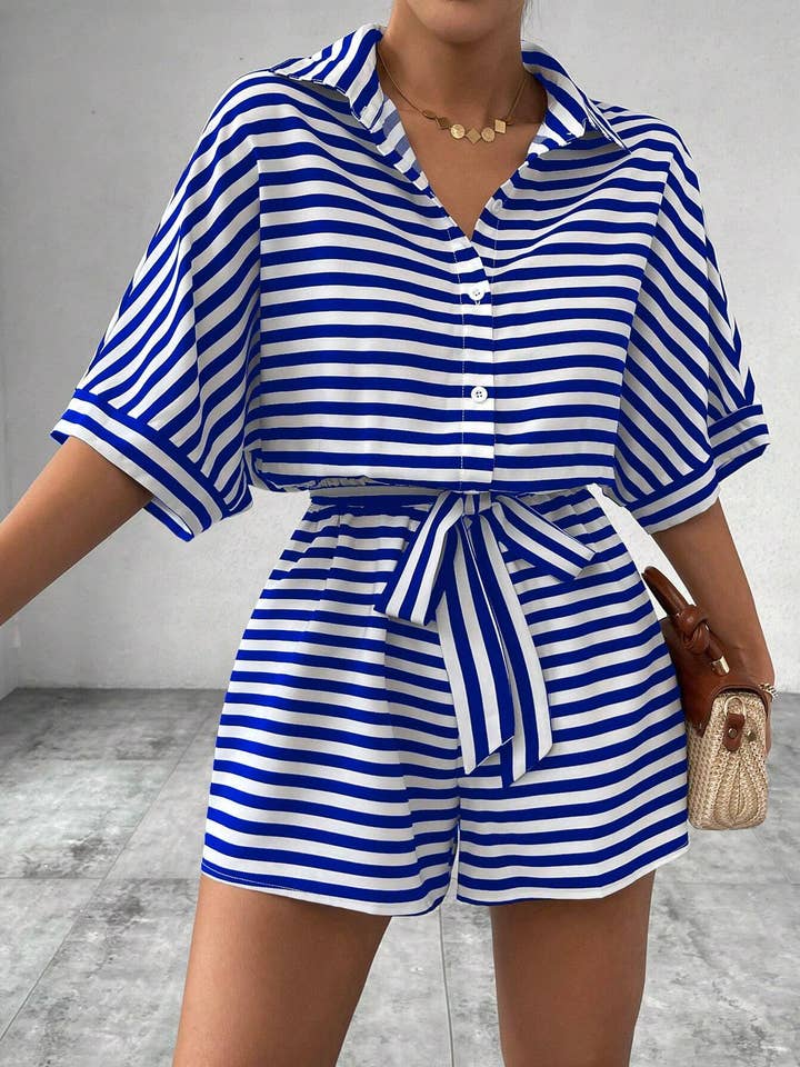 Lily Clothing - Wholesale Romper - Women's - Women’s striped buttoned cardigan romper