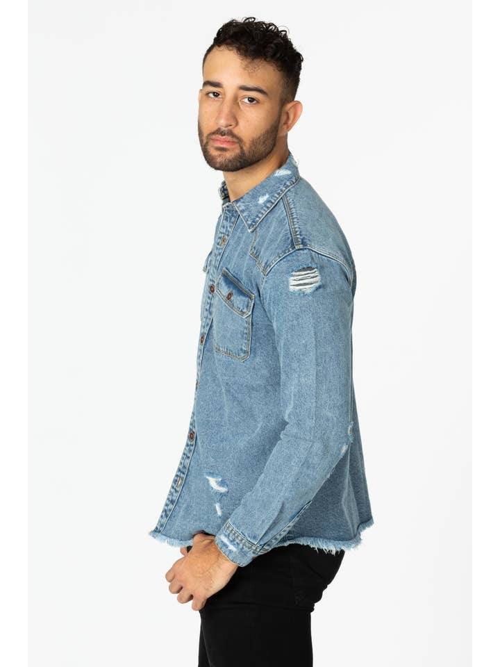 LIGHT WASHED Men's Denim Shirt with Distressed for wholesale on Faire4