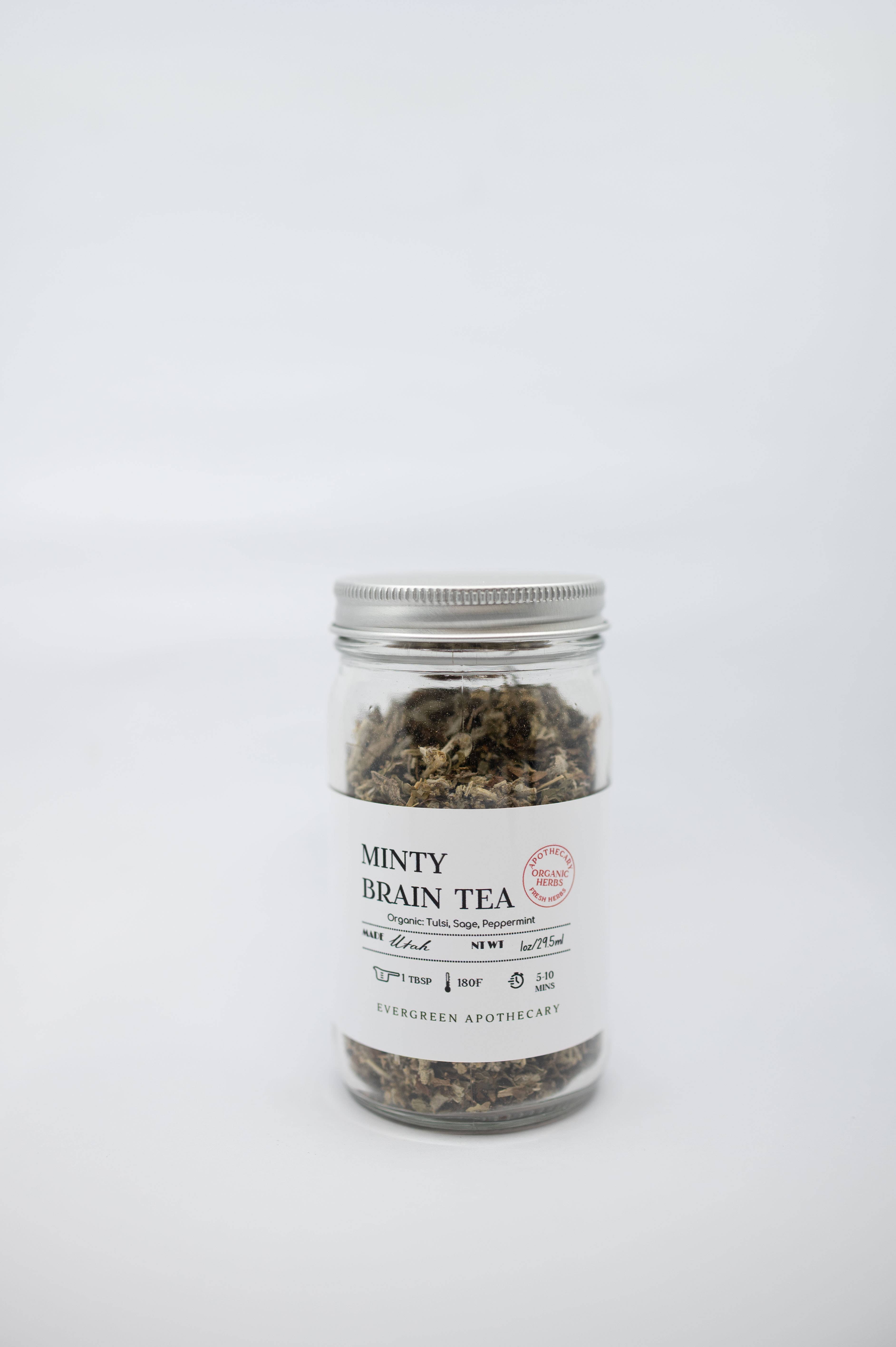 Evergreen Apothecary – wholesale Loose tea – Minty Brain Tea, Loose Blend, 8oz, Glass Jar0
