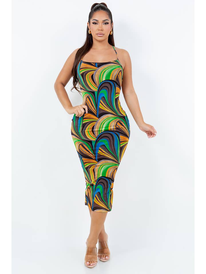 MULTI D14026 MESH PRINT DRESS SPAGHETTI DRESS WITH LINING AND OPEN for wholesale on Faire