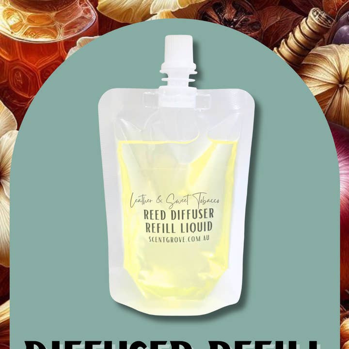 Leather & Sweet Tob*cco Scented Diffuser Liquid Refill 100ml Clear Pouch for wholesale by Scent Grove
