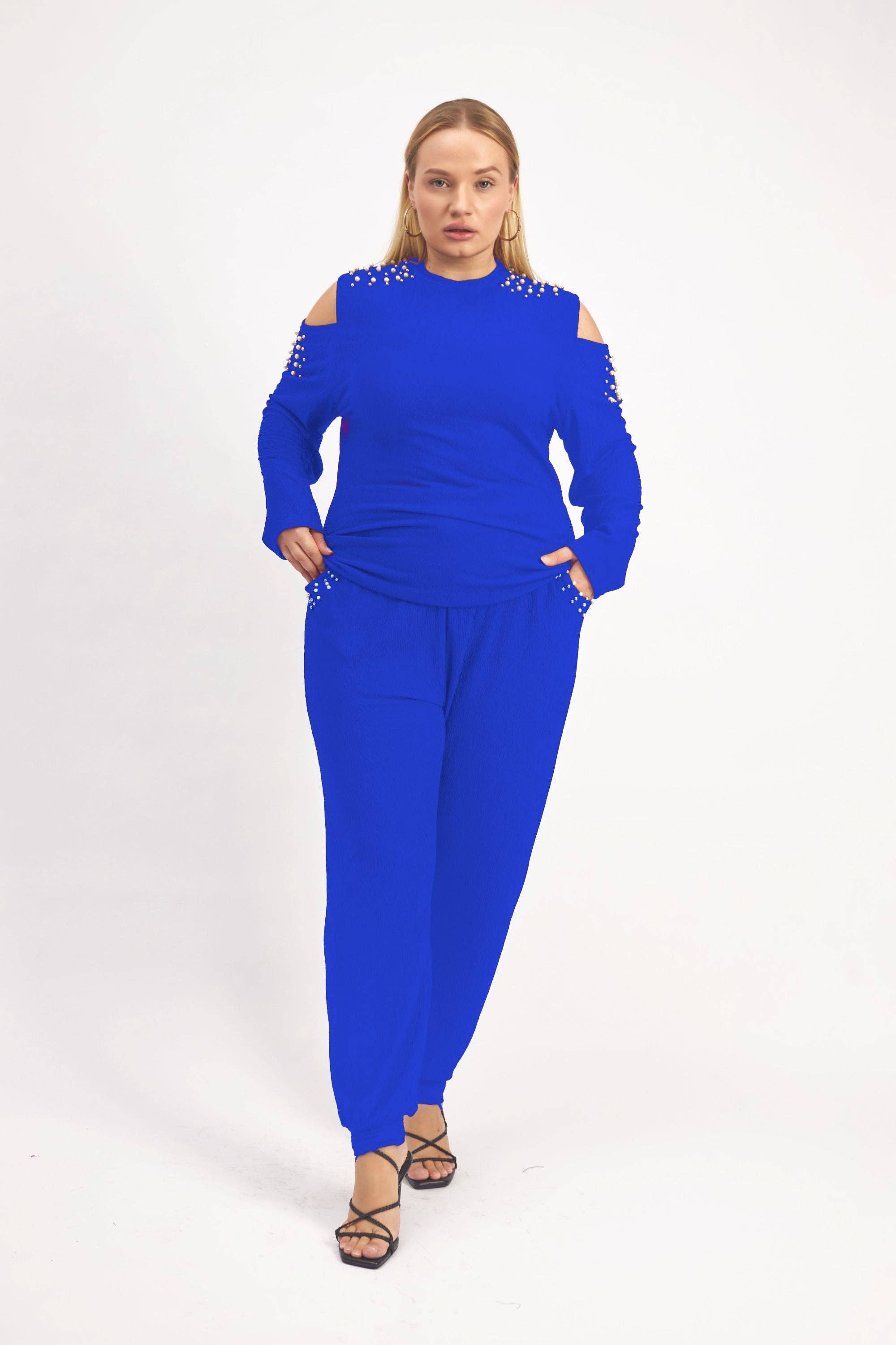 KaraChic - Vente Ensemble haut et pantalon (PAS d'intérieur) - Femme - 24029 - Ensemble 2 pièces épaules dénudées perle et manches longues0