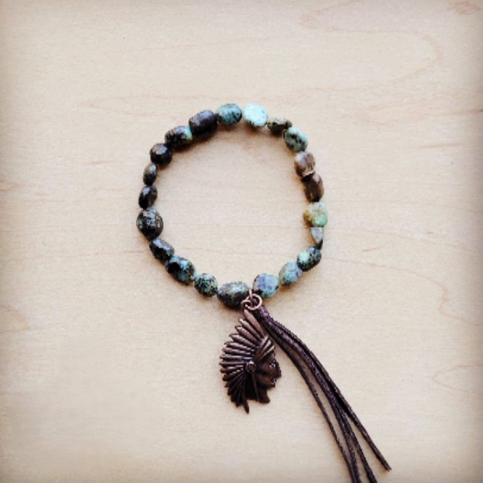 The Jewelry Junkie - Wholesale Beaded Bracelet - **Natural Turquoise Stretch Bracelet w/ Indian Charm 809u1