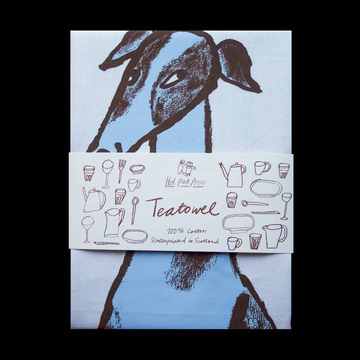 Sneaky Dog Blue Screenprinted Teatowel for wholesale by Hot Pink Press