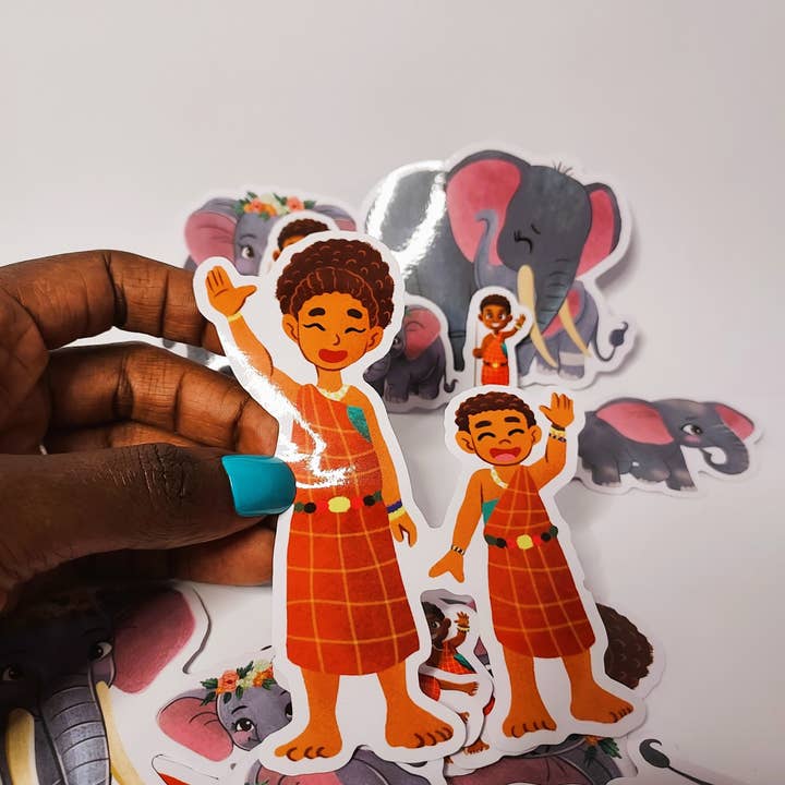 Pegatinas de Yaro, el niño de la aldea masái, y su madre despidiéndose | Pegatinas recortadas de la familia masái | Pegatinas para exteriores e interiores | Pegatinas resistentes al agua para venta al por mayor de Mila Inspired LLC