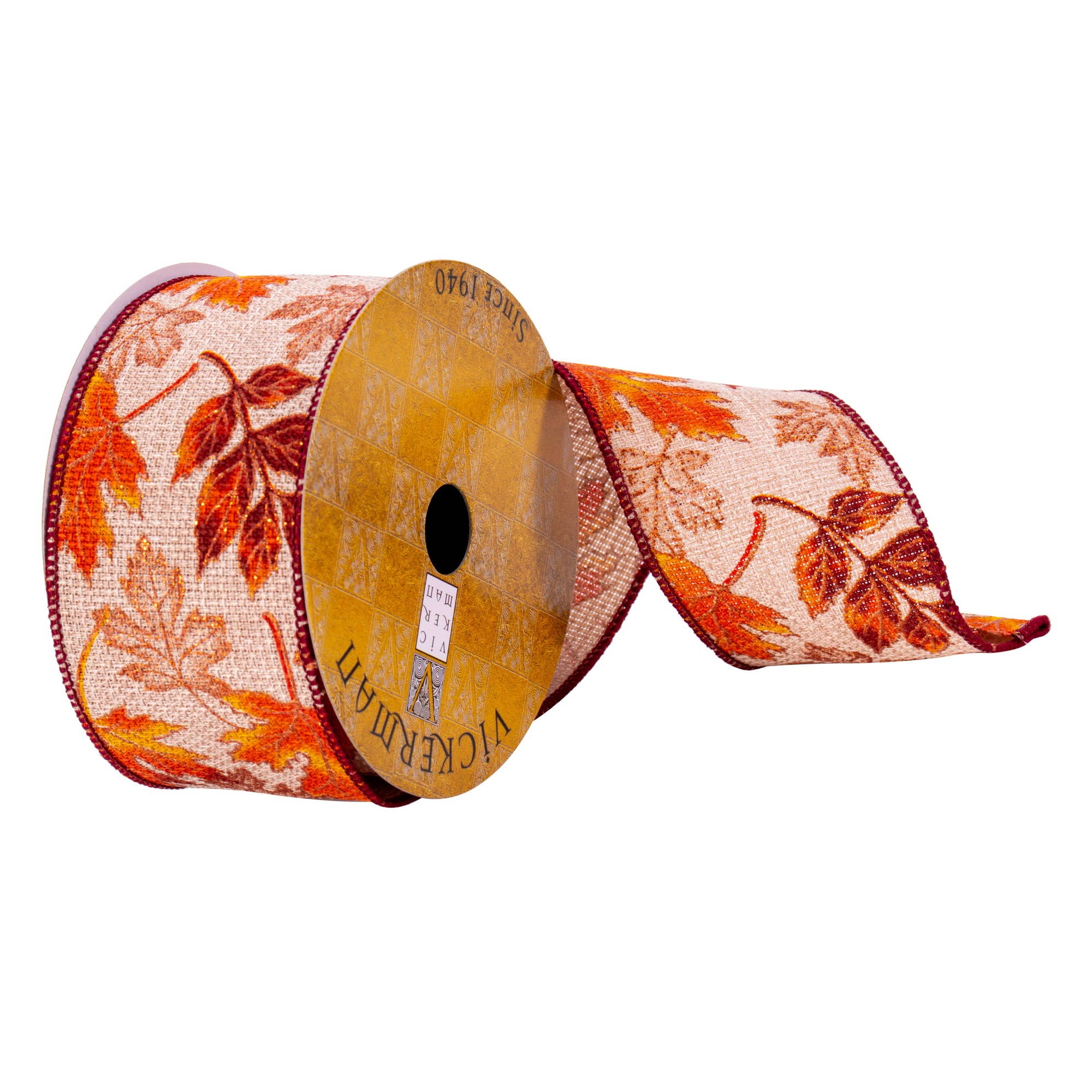 Vickerman 2.5" x 10 Yards Jute Fall Leaves Ribbon for wholesale on Faire0