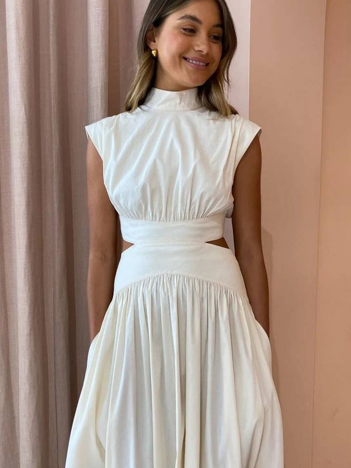 White CWDMD2847_SOLID COLOR WAIST-BARING DRESS WITH LARGE SKIRT for wholesale on Faire2