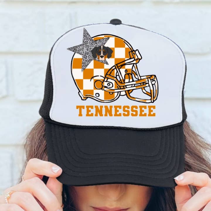 Tennessee Vols Checkered Preppy Football Helmet Trucker Hat for wholesale by Gia Gifts Boutique
