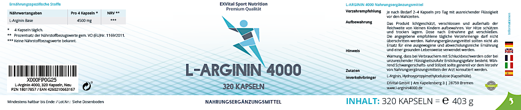 EXVital - Wholesale Oral Supplement/Vitamin - EXVital L-Arginine 4000 high dose, 320 capsules in German6
