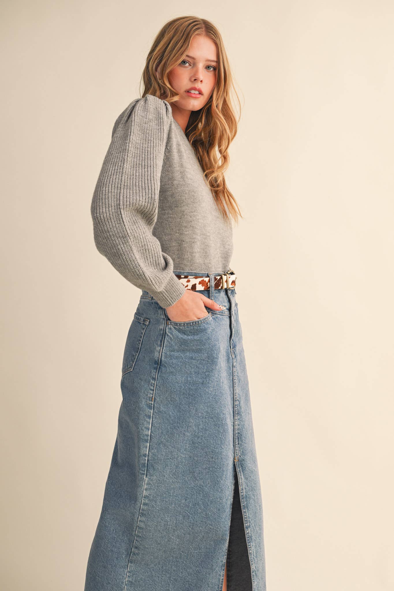 &MERCI - Wholesale Knit Sweater - Women's - RIBBED PUFF SLEEVE SWEATER MSW1095134