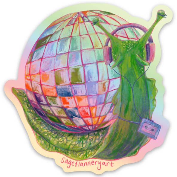 Disco Snail Holographic Sticker for wholesale by Sage Flannery Art