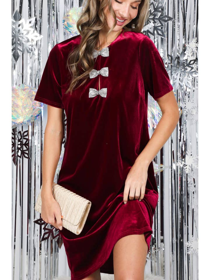 Vine & Love - Wholesale Dress - Women's - Sparkling Sequin Bow Embellished Velvet Dress VD82737