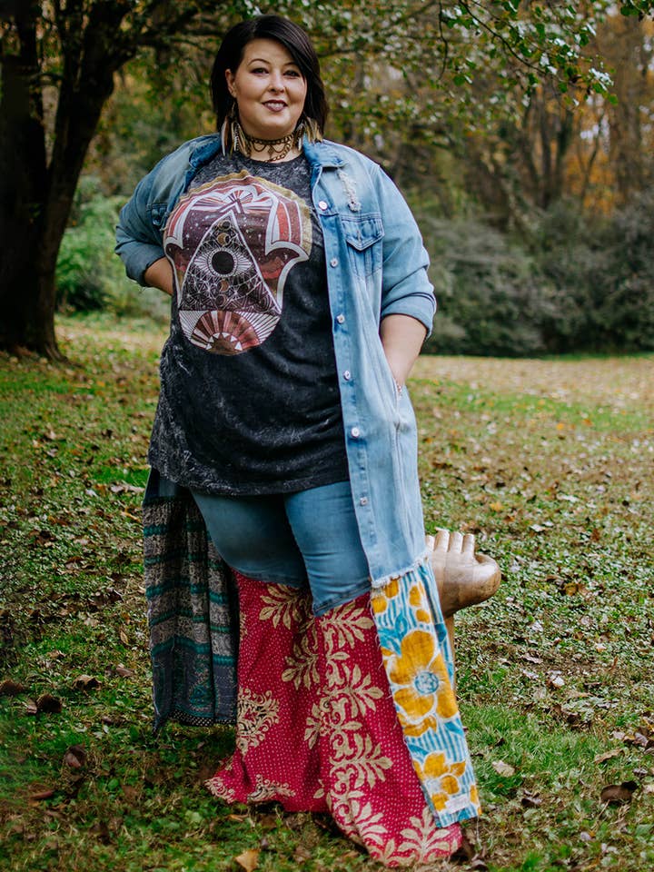 MEDIUM BLUE UPCYCLE DENIM FLARE BELL BOTTOM w/ KANTHA INSERT for wholesale by Kantha Bae