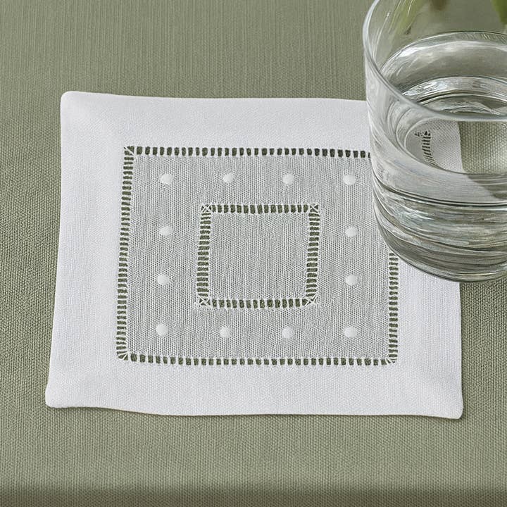 White Embroidered Swiss Dot 6" Linen Blend Coaster for wholesale by Fennco Styles