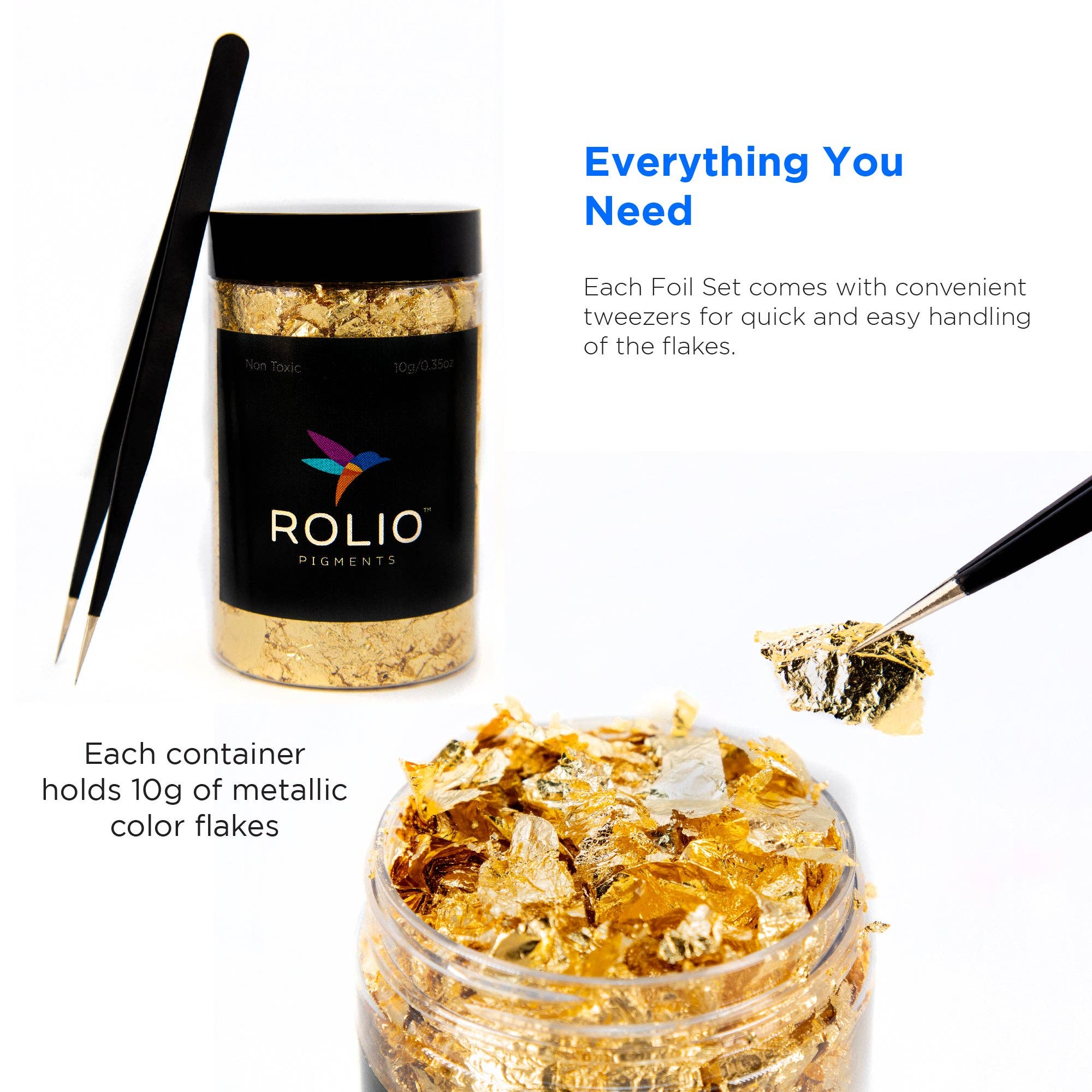 Rolio Pigments - Wholesale Craft Supplies - Metallic Foil Flakes - 3 Bottles (Gold, Copper, and Silver) 10g/0.35 oz Each1