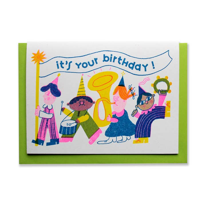 Birthday Parade - A6 Riso Greetings Card for wholesale by Rebecca Buchanan