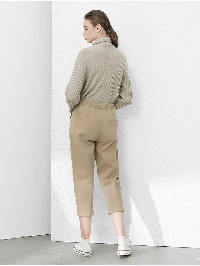 Khaki Elasticated Drawstring Waist Slim Carrot Beige Vertical Striped Wide Leg Casual Trousers for wholesale on Faire