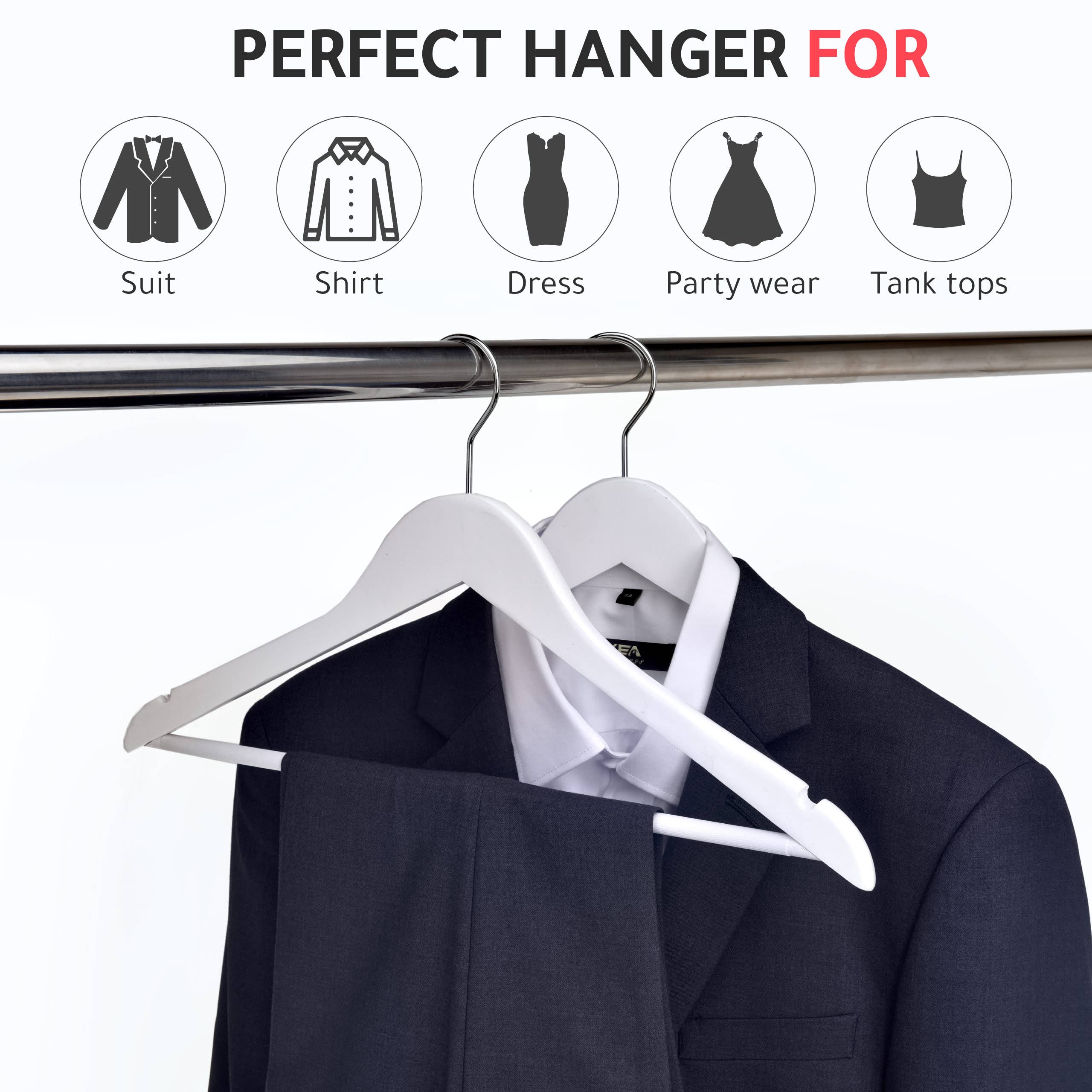 Quality Hangers - Wholesale Clothes Hangers - W040 Semi Curved Wooden Hanger, 17.5" White - 902