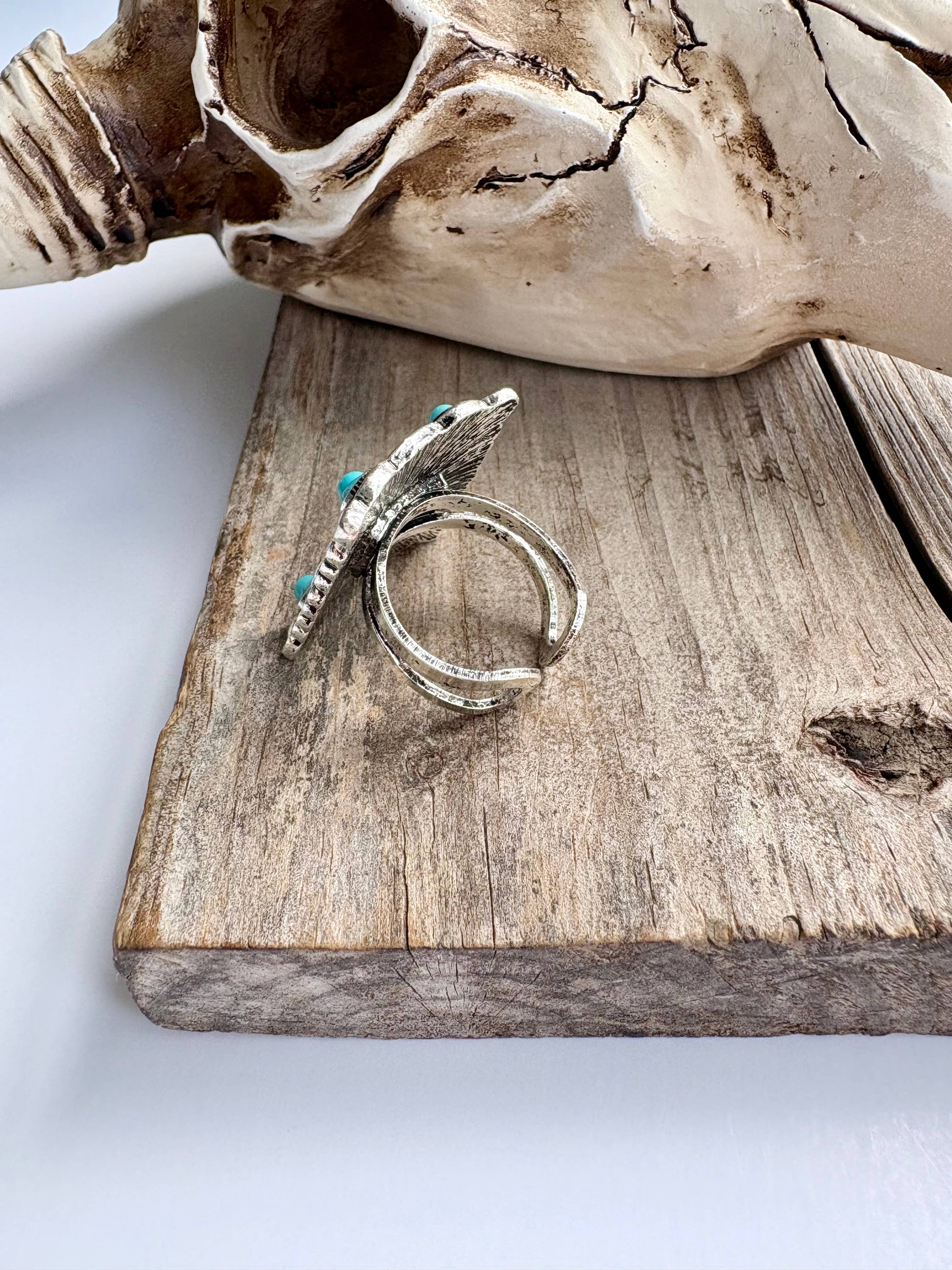 Boho Ranch Shop - Wholesale Cocktail/Statement Ring - Western Conch Turquoise Stone Concho Adjustable Ring2